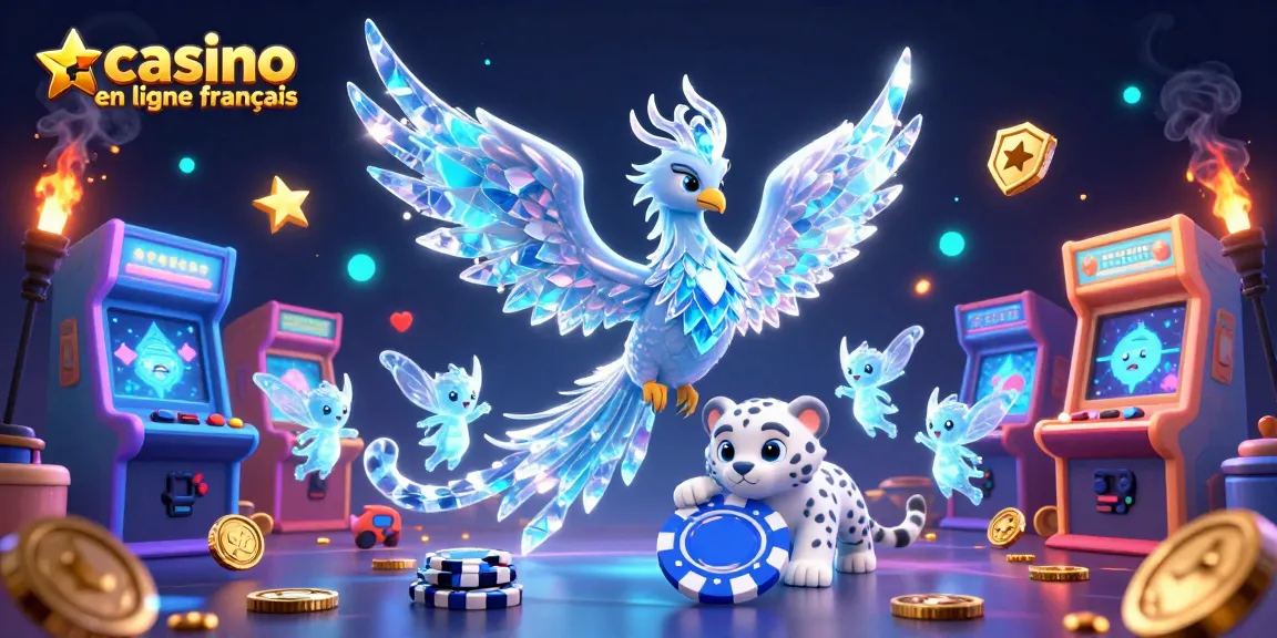 Jouez dans un casino en ligne français avec l'illustration d'un phoenix de glace et un petit léopard des neiges.