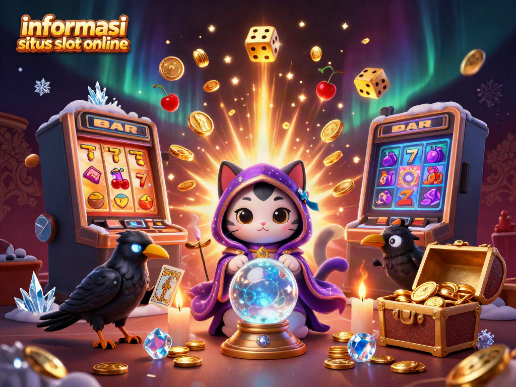Informasi situs slot online dengan simbol jackpot, mesin slot, dan karakter mistik dalam ilustrasi 3D.