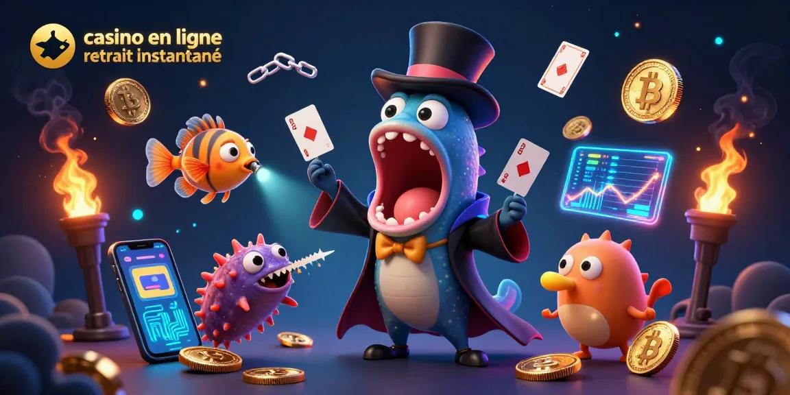 Une illustration 3D représentant un casino en ligne à retrait instantané avec des éléments de jeu et des poissons magiques.