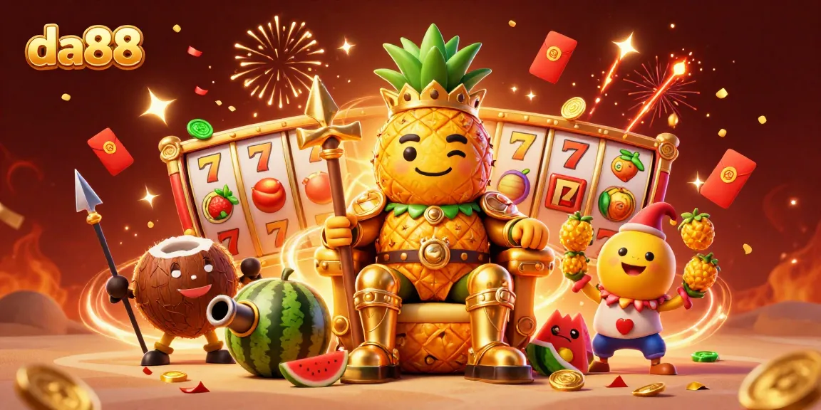 Experience the vibrant beach casino with da88's golden pineapple king and festive game elements.