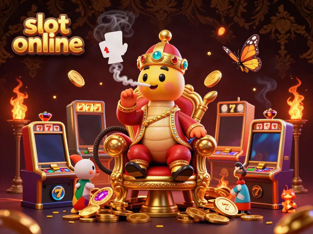 Play slot online with themes of jackpots and vibrant animations in this colorful 3D illustration.