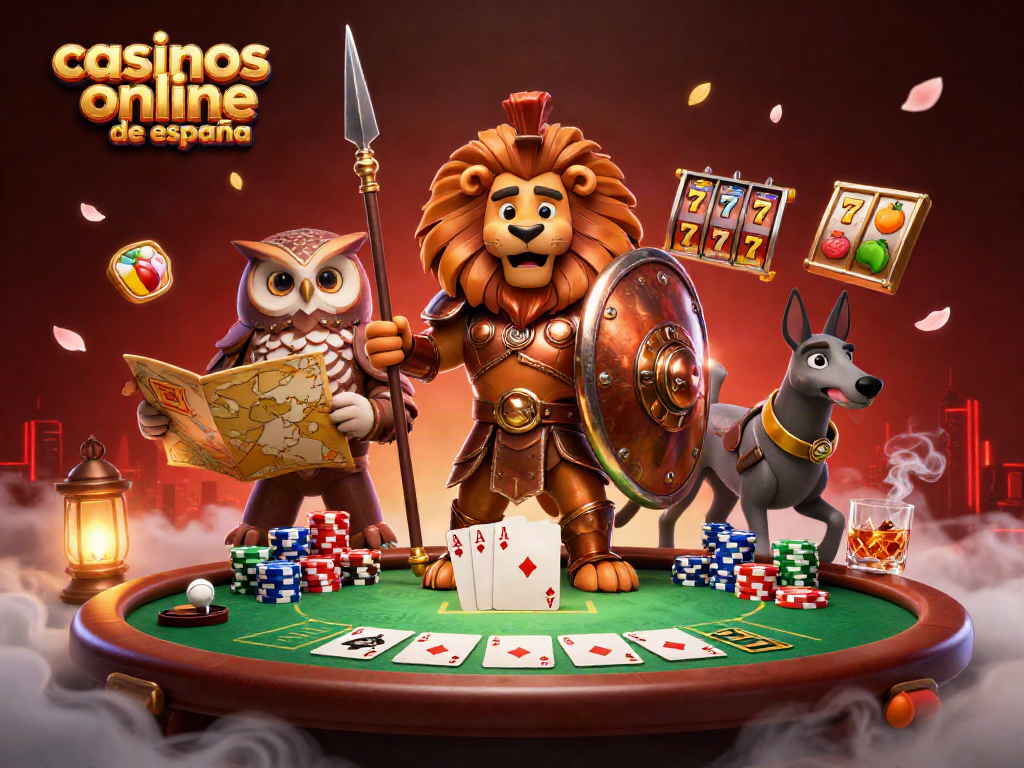 Disfruta de los casinos online de España con una animada ilustración 3D de personajes de juego y elementos de póker.