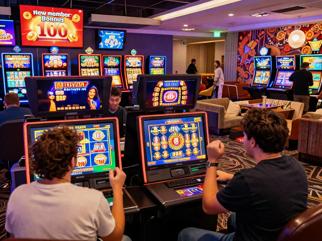 Excited players enjoying a vibrant online casino atmosphere with slot bonus new member 100 promotions.