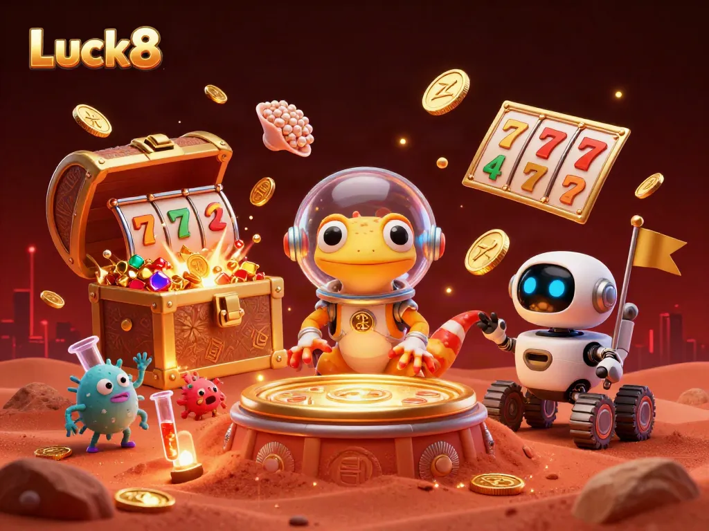 Luck8 Martian gecko explores a golden casino, surrounded by slot reels and treasures.