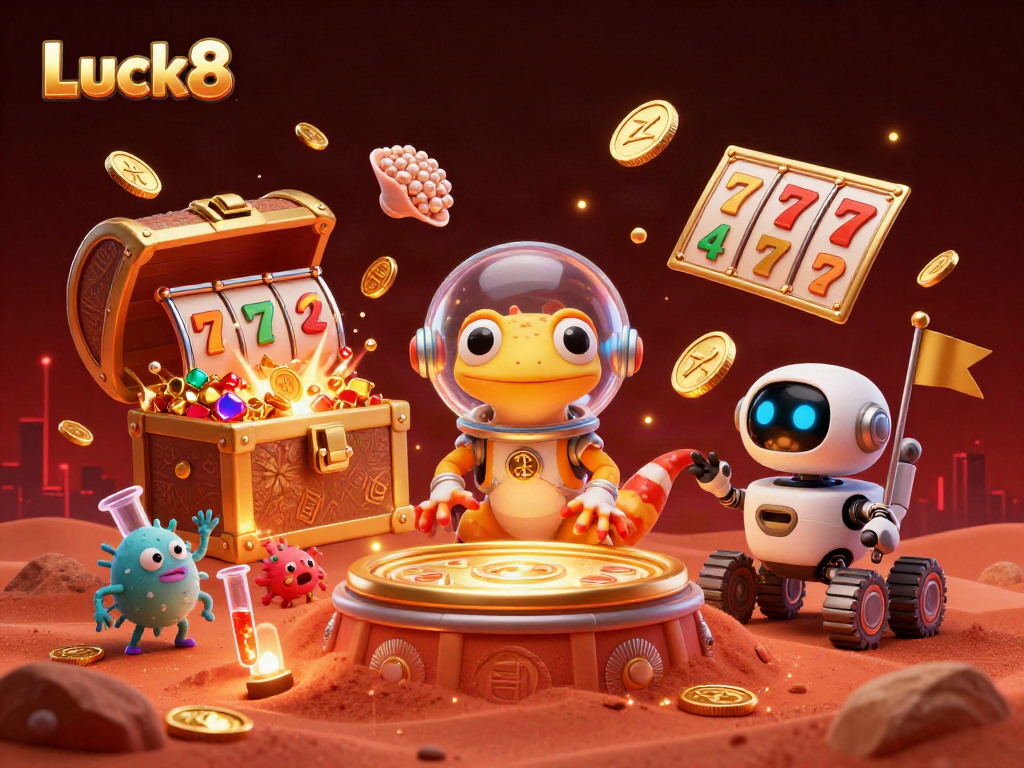 Luck8 Martian gecko explores a golden casino, surrounded by slot reels and treasures.