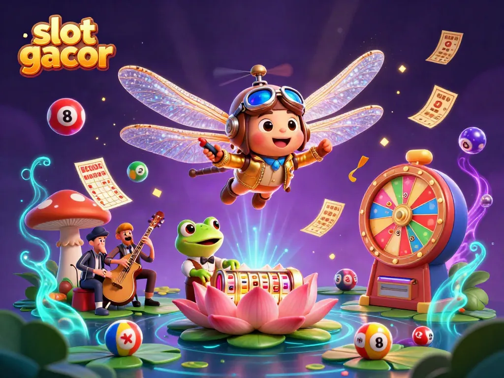 Experience exciting slot gacor action in this vibrant 3D illustration showcasing a dragonfly casino pilot and a frog croupier.