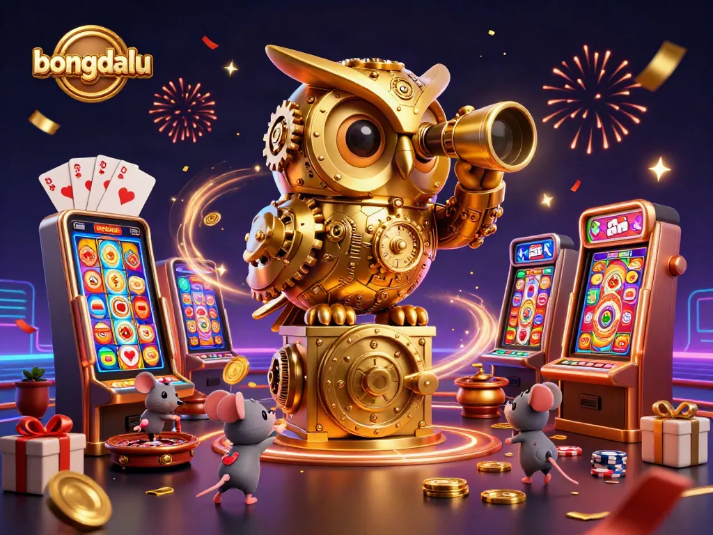 Bongdalu showcases an enchanting scene with a golden owl, mouse patrons, and casino elements amidst a festive atmosphere.