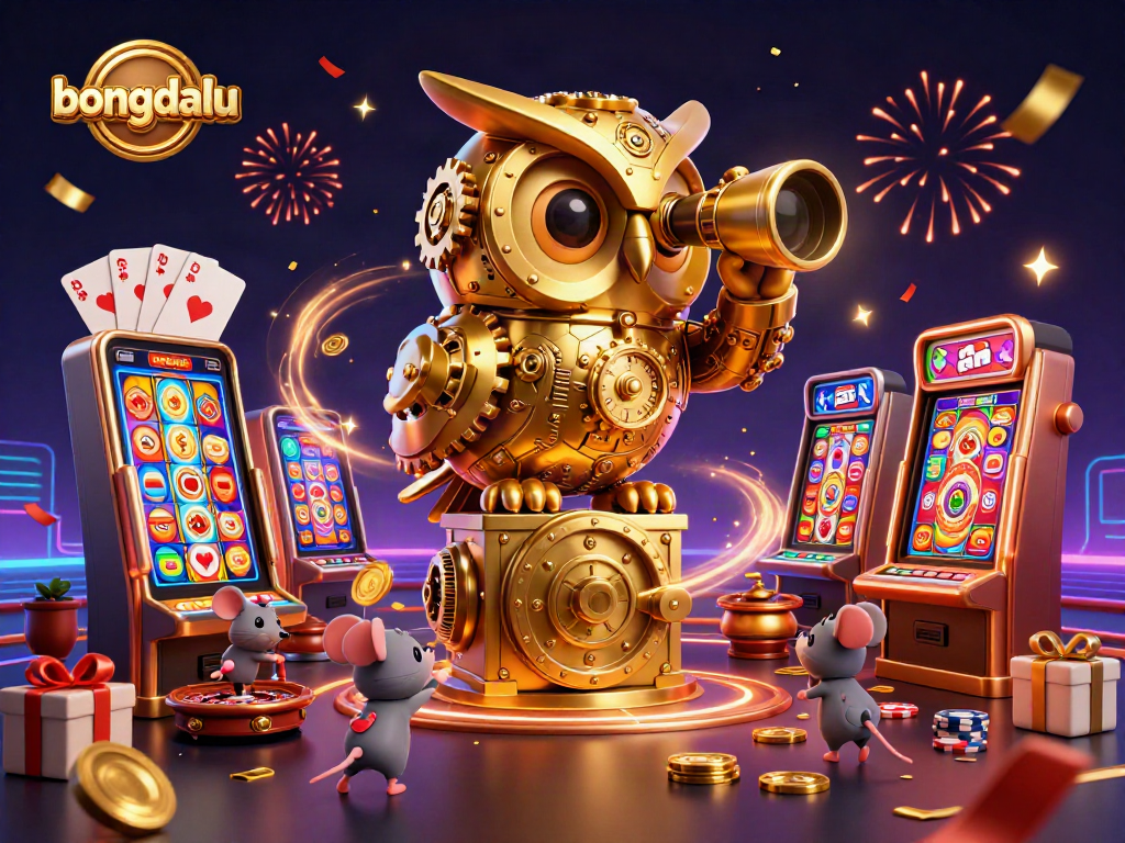 Bongdalu showcases an enchanting scene with a golden owl, mouse patrons, and casino elements amidst a festive atmosphere.