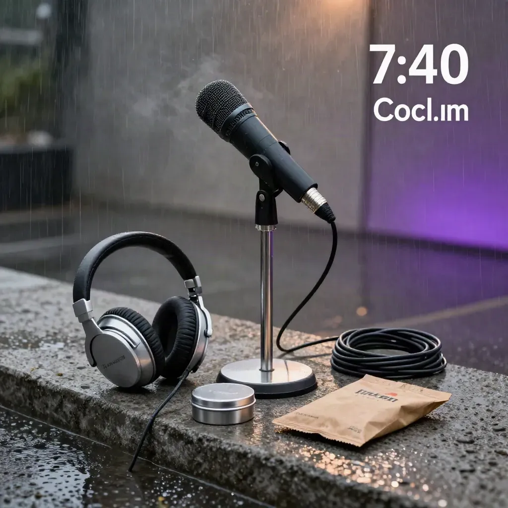 Microphone, headphones, tip tin and merch parcel on wet concrete at dusk.