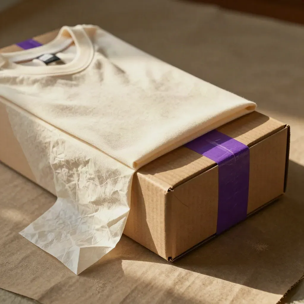 Macro shipping parcel with folded tee, tissue and mailer box on olive linen, purple accent