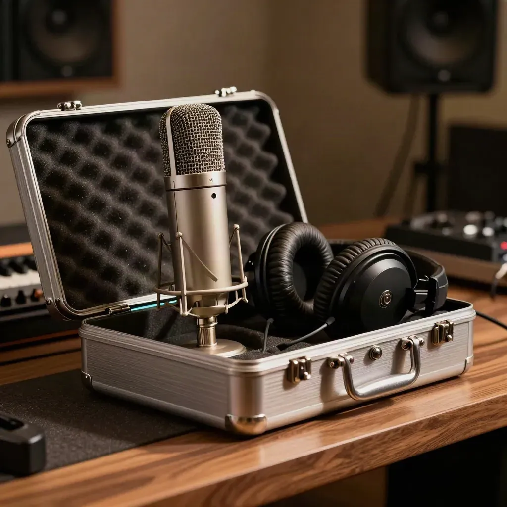 Vintage microphone, folded headphones, and open metal case on a walnut bench in dramatic studio light.