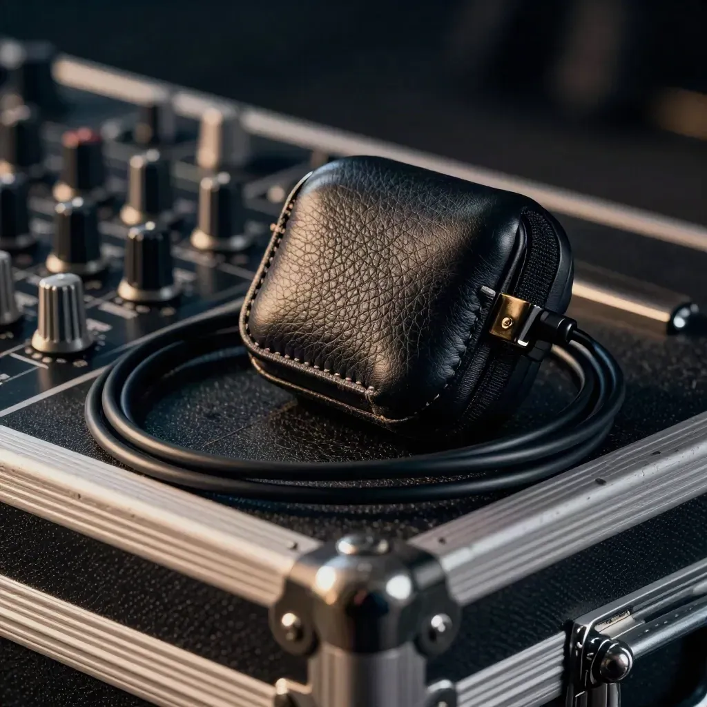 IEM case, mixer knobs, cable coils and a metal clip on a worn road case in dark stage haze