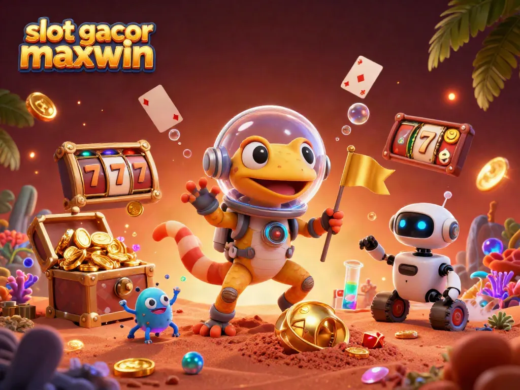 Experience the thrill of slot gacor maxwin with a Martian gecko discovering a casino, surrounded by vibrant gaming elements.