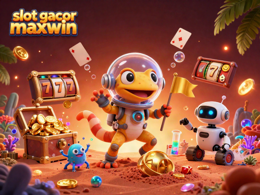Experience the thrill of slot gacor maxwin with a Martian gecko discovering a casino, surrounded by vibrant gaming elements.