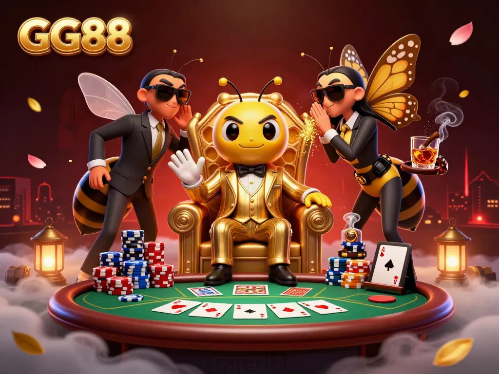 Engage in high-stakes poker at GG88 with a charming cartoon bumblebee mob boss and his crew in a vibrant setting.
