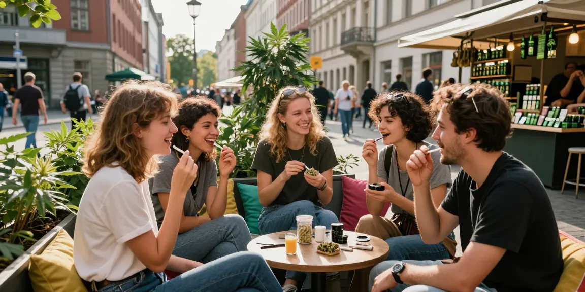 How Can I Get weed and edibles in Germany? Friends enjoying cannabis products at a Berlin café on a sunny day.