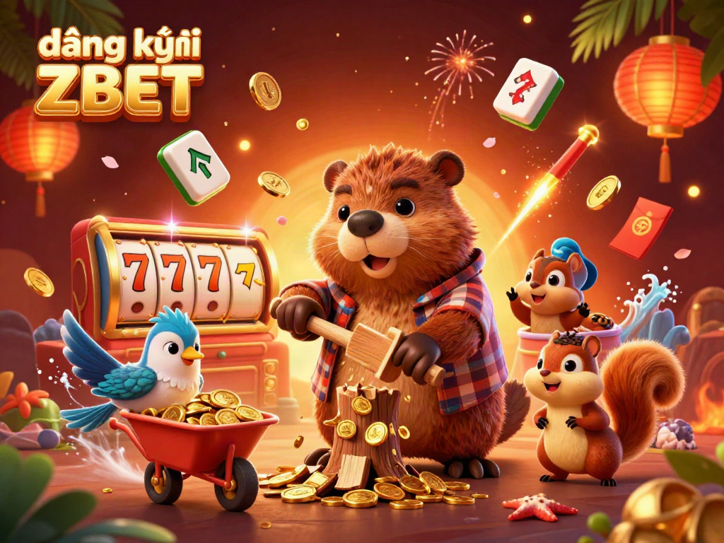Engage in fun gameplay with đăng ký ZBET featuring cartoon characters and casino elements raining golden rewards.