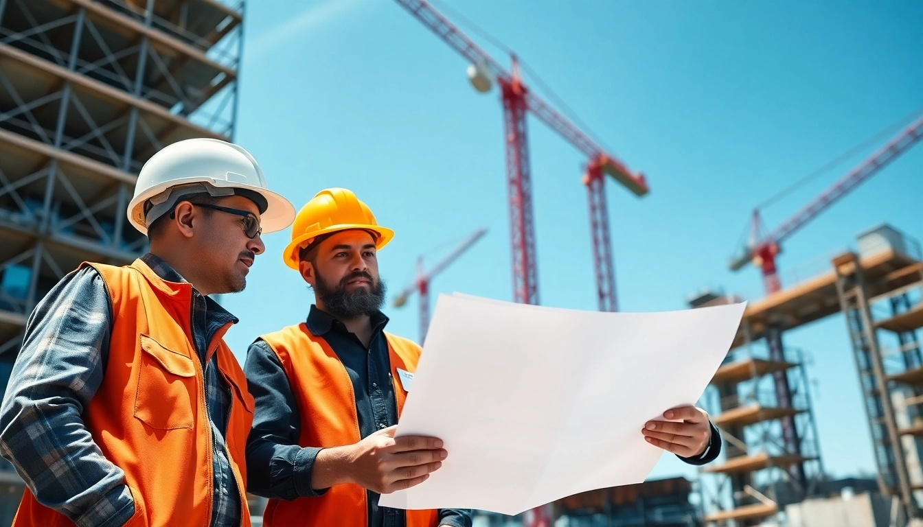 Expert collaboration of New York City General Contractor reviewing plans on an active construction site.