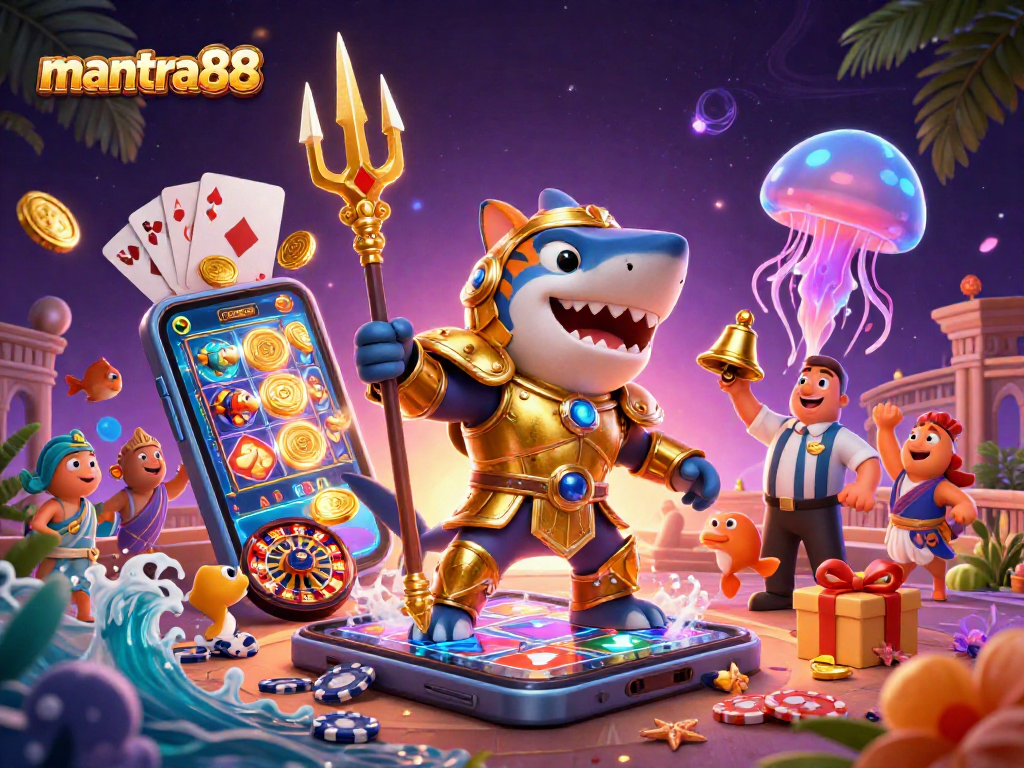Experience mantra88's thrilling slot games with a vibrant 3D illustration featuring a tiger shark and dazzling casino elements.