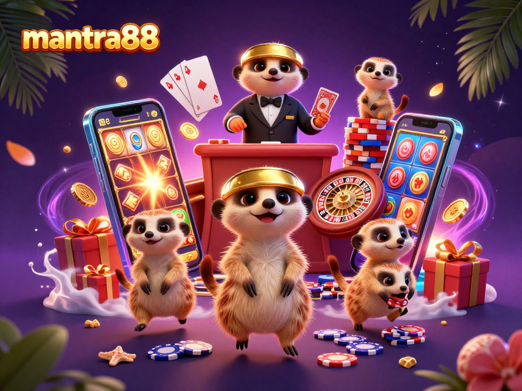 Experience thrilling gameplay at mantra88 with 3D cartoon meerkats operating a lively casino scene filled with animated game elements.