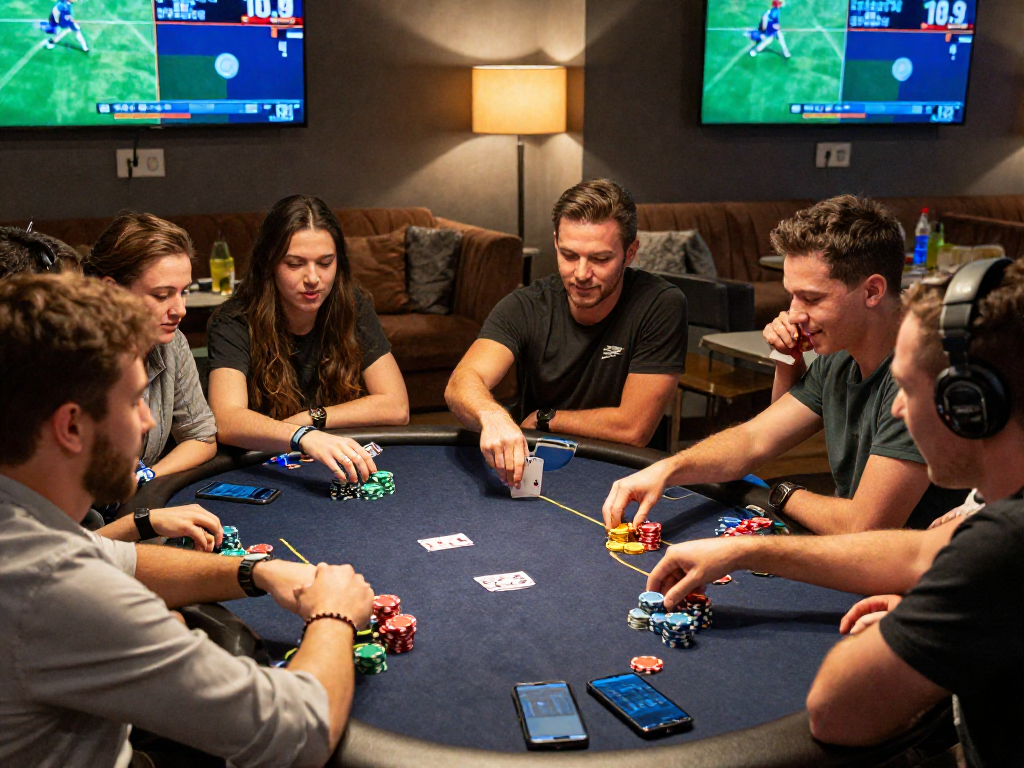 Friends enjoying a lively poker game, showcasing rokok88's engaging online gambling experience in a cozy lounge setting.