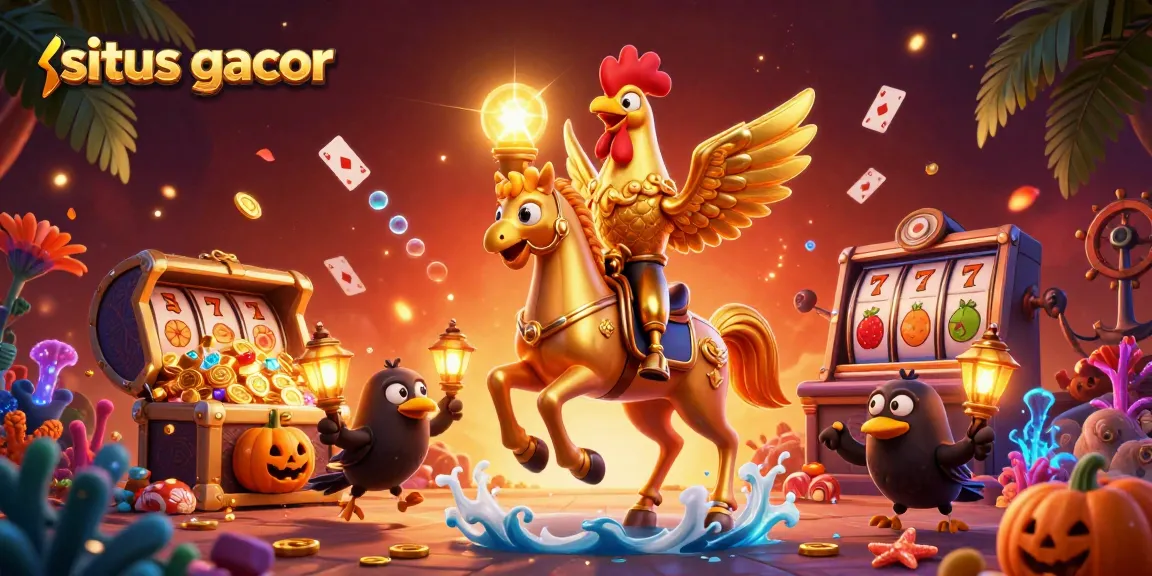 Situs gacor showcases a dazzling gaming scene with a golden rooster and dynamic casino elements.