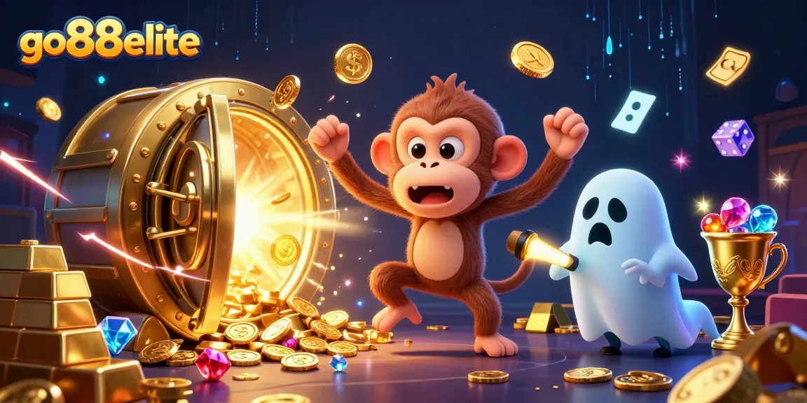 Experience thrilling gameplay at go88elite with a playful poltergeist monkey and a curious puppy in a vibrant casino setting.