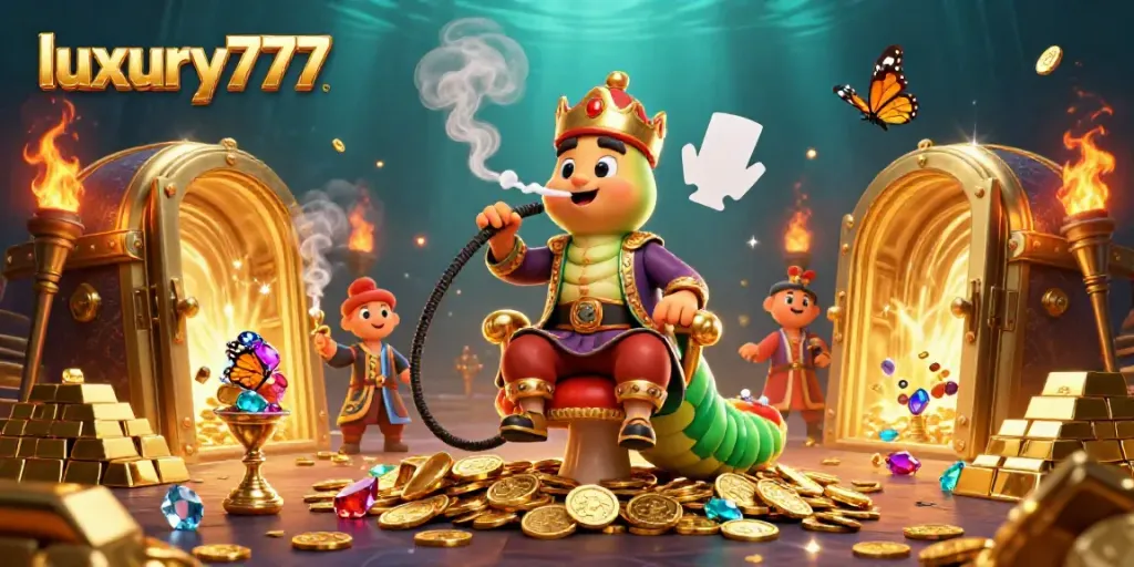 Experience luxury777 gaming with a whimsical caterpillar hookah-master in a treasure-filled casino.