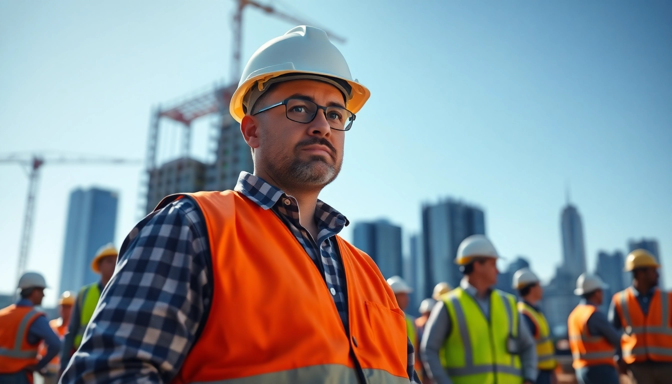 New York General Contractor supervising a busy construction site with workers and a skyscraper.