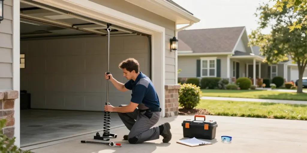 Garage door spring repair technician inspecting broken springs in a suburban driveway