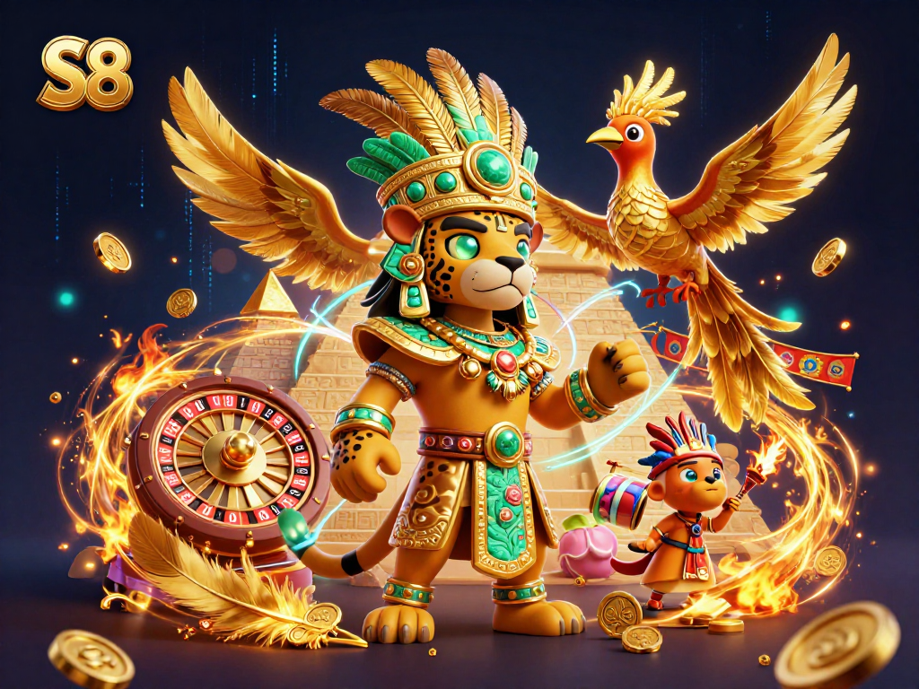 Experience thrilling gaming with S8's vibrant casino scene featuring a Mayan priest and dynamic elements