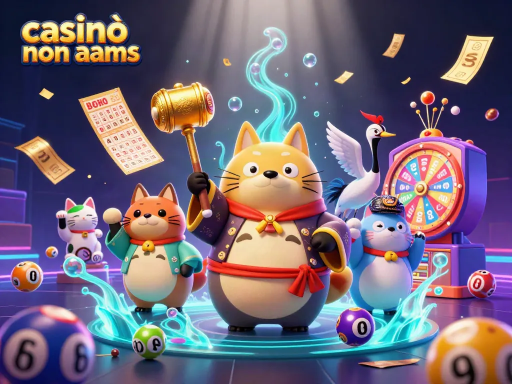I casinò non AAMS offrono giochi emozionanti con giri vincenti e premi casuali in un'illustrazione vibrante.