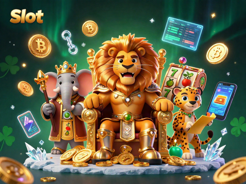 Engage in thrilling Slot gameplay with a regal lion king and his companions in a vibrant casino scene.