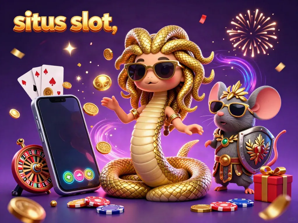 Engage with situs slot action in this vibrant 3D illustration featuring Medusa and a warrior mouse surrounded by colorful slot game elements.