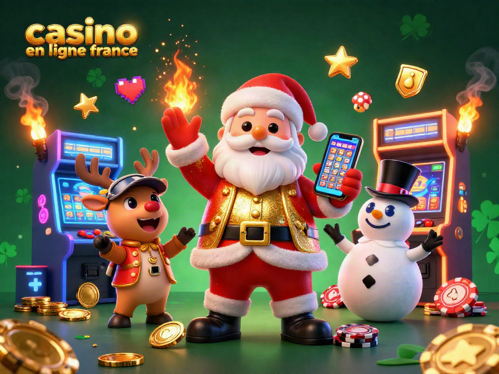 Découvrez un joyeux Père Noël au casino en ligne France avec son renne et un bonhomme de neige.