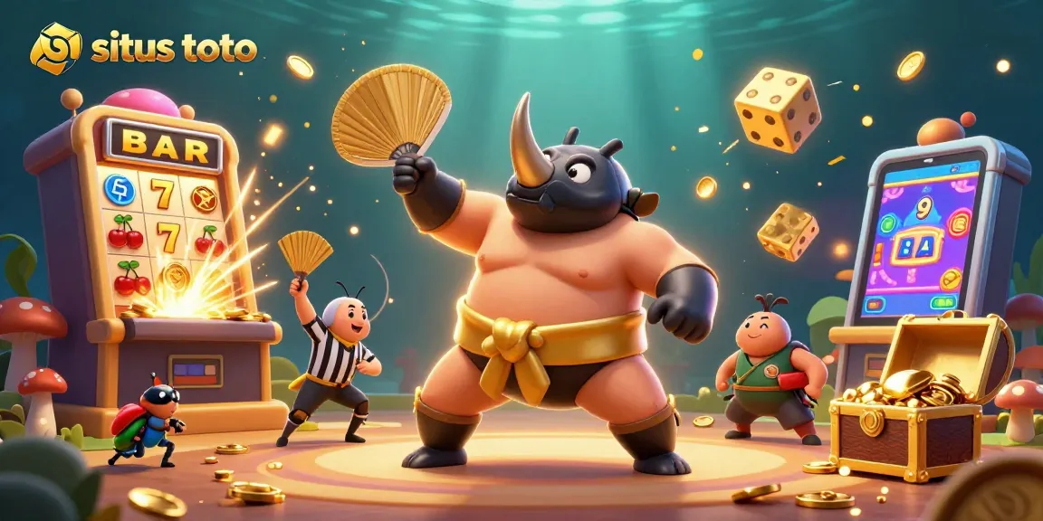 Permainan situs toto menampilkan juara sumo kumbang badak dengan koin emas terbang.