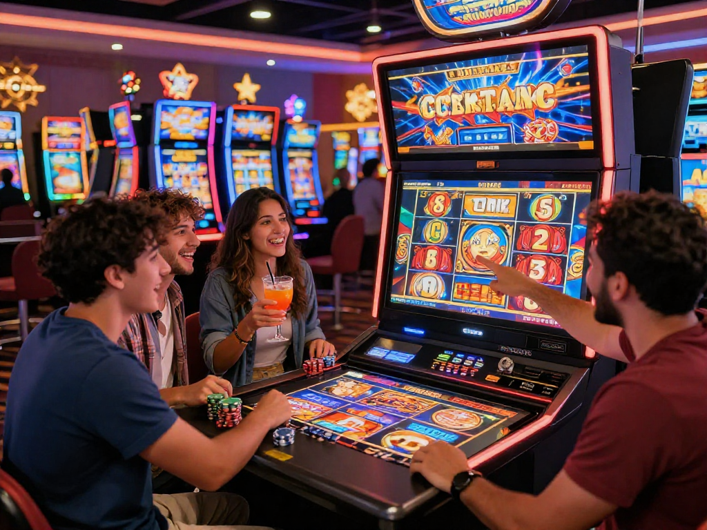 Excited friends celebrating a slot jackpot win in a vibrant casino atmosphere.