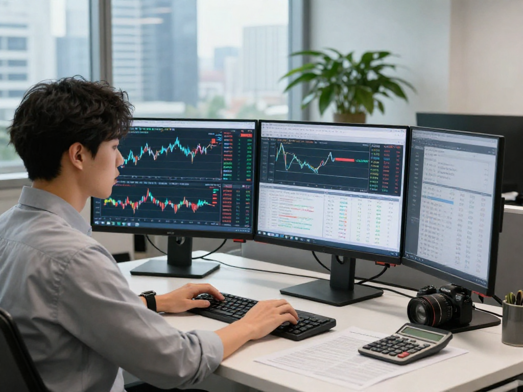KOSPI index analysis in a modern finance office with charts and data.