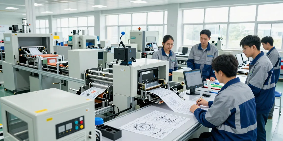 Collaborative team of engineers at a packaging machinery supplier's modern manufacturing facility