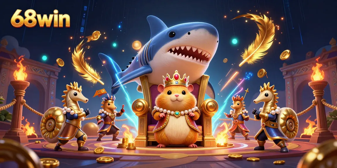Join the excitement at 68win, where a fierce hamster king and his royal entourage reign over a vibrant casino arena.