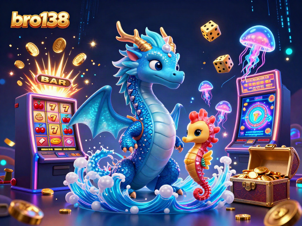Experience the excitement of bro138 with a vibrant 3D dragon, seahorse knight, and dazzling casino elements.