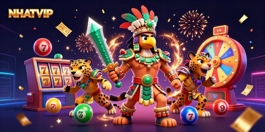 Engage with NHATVIP's dynamic casino experience featuring vibrant lottery elements and thrilling characters.