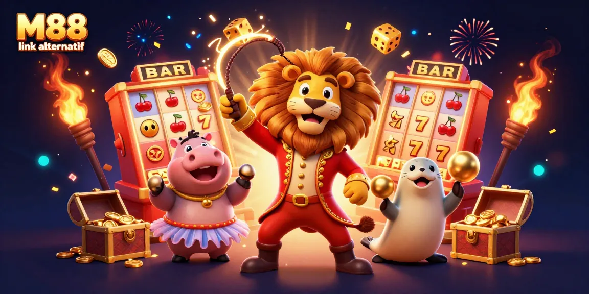 Experience thrilling gameplay with M88 link alternatif, featuring a vibrant casino scene with exciting characters and game elements.