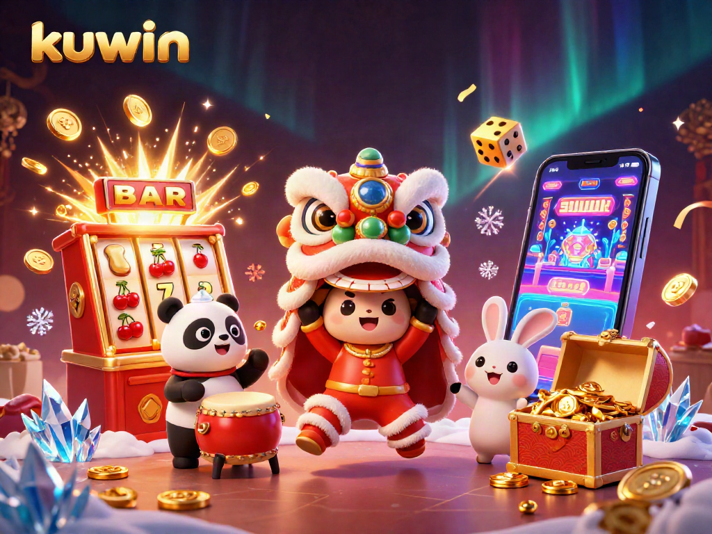 Kuwin players engage with an exciting 3D casino scene, celebrating jackpots and festive decorations.