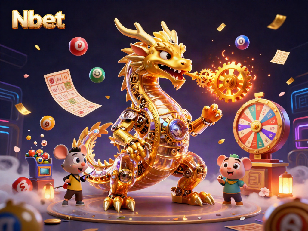 Nbet showcases a vibrant 3D dragon and engineer amid dynamic lottery games and elements, creating a lively gambling scene.