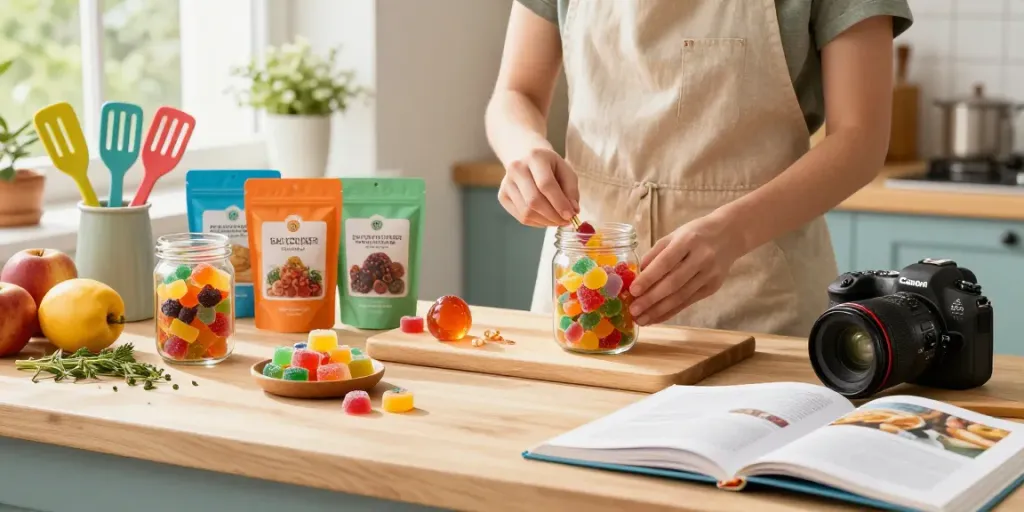 Preparing vibrant activist edibles in a bright, colorful kitchen with fresh ingredients.