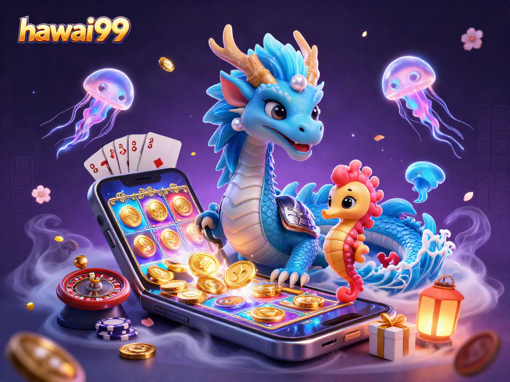 Engage with hawai99's fantasy world featuring a dragon and vibrant slot elements.