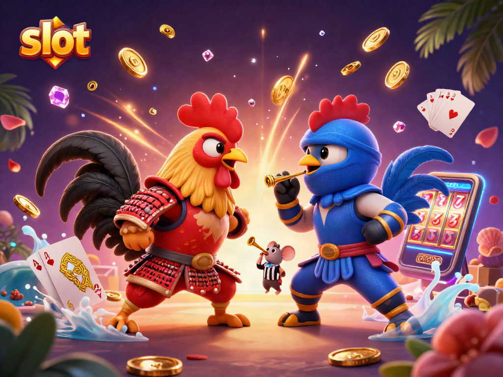 Compete with slots as fighting roosters clash in a colorful casino scene bursting with energy.