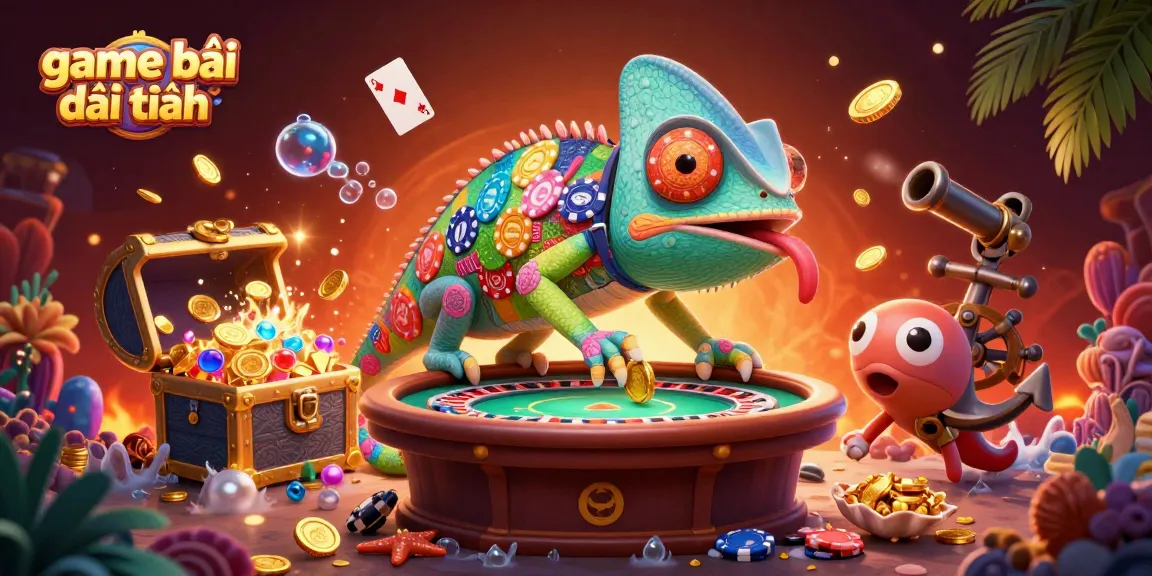Experience the excitement of game bài đổi thưởng with a chameleon casino owner amidst vibrant underwater treasures.