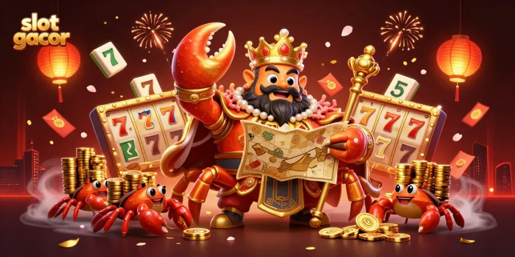 Winning with slot gacor: A golden crab emperor and lucky elements create a rich casino scene.